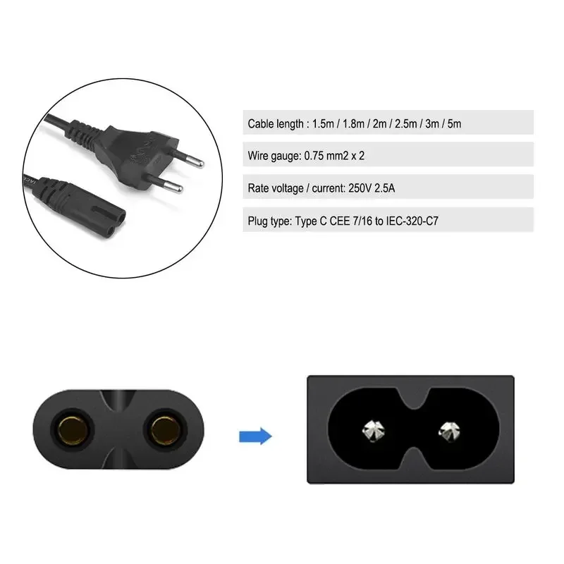 AC Power Cable IEC C7 Figure 8 1/1.5/2/3/10m 2 Pin Power Cable EU Extension Cord For Canon HP Dell Printer Radio Speaker