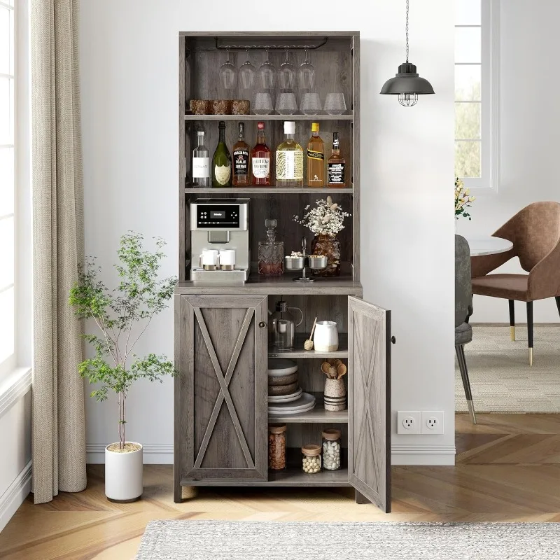 

Bar Cabinets for Liquor with Wine Rack＆Glasses,67"Farmhouse Coffee Bar Cabinet with Storage w/Open Storage Shelves＆Wooden Doors