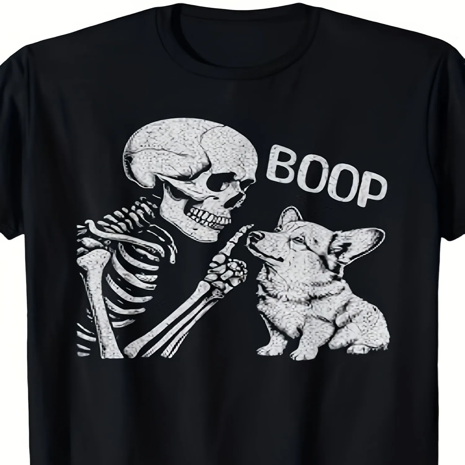 Humorous Gothic Skeleton Hand Boop Corgi Dog Nose Halloween Tee, Unisex Design for 2025 Summer, Short-Sleeved, Made of 220G Pure Casual T-shirt, Minimalist Tee,