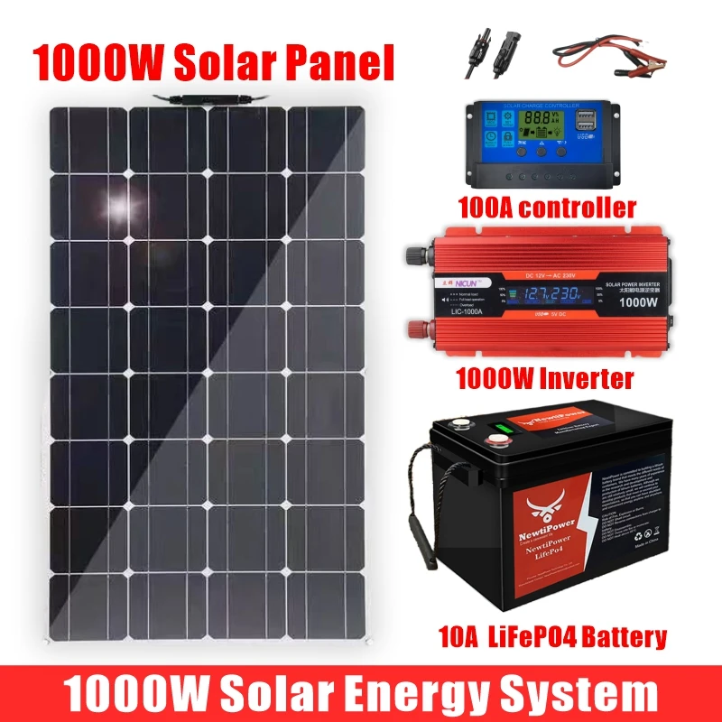 1000W Solar System For Home Complete Kit With 1000W 2000W Solar Panel 100A Charge Controller 220V Inverter 10Ah30Ah LFP Battery