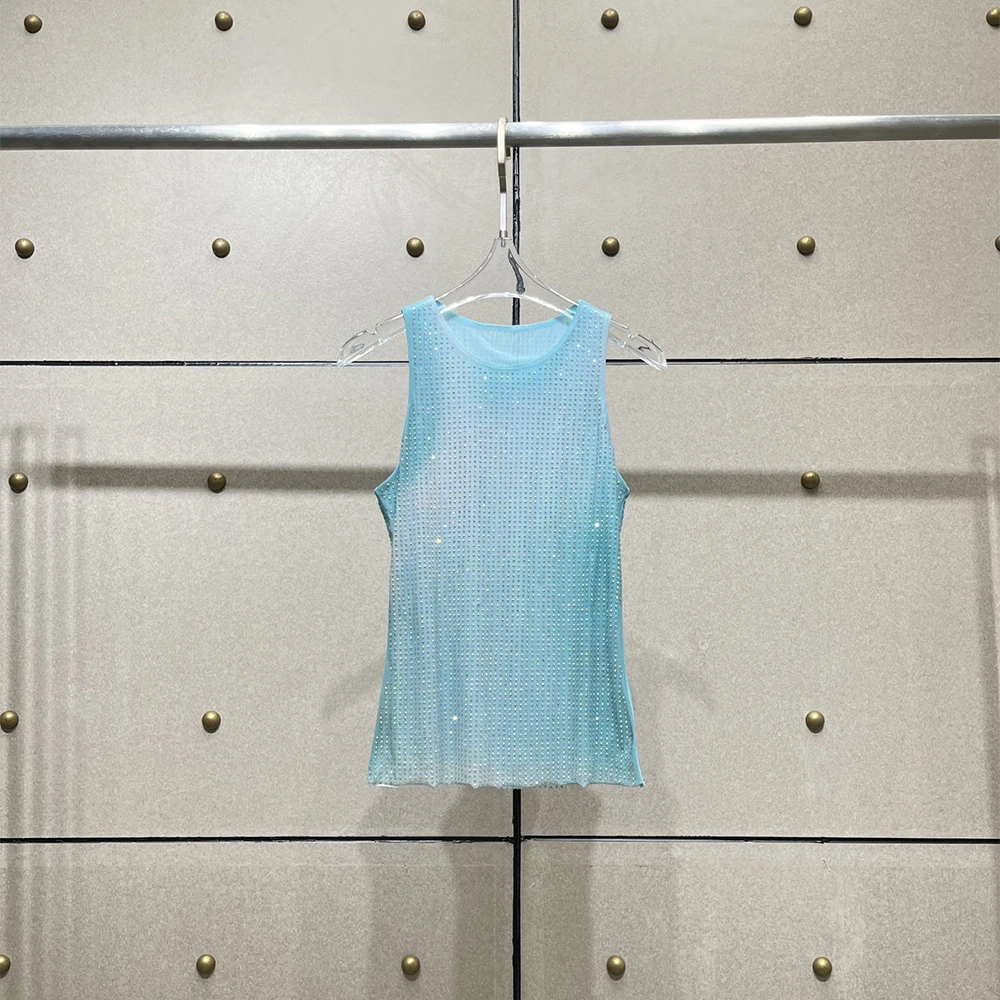 

Женская майка 2026, весна и лето, новинка Y2k с градиентным принтом, тяжелый горячий сверлильный двухслойный сетчатый топ, модный универсальный топ