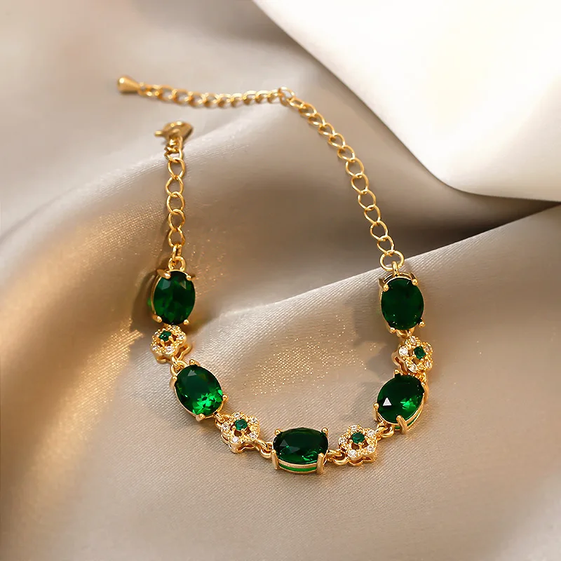 Luxury Green Rhinestone Crystal Bracelet Gold Color Link Chain Bracelets For Women Vintage Party Wedding Bridal Jewelry Gifts K-
