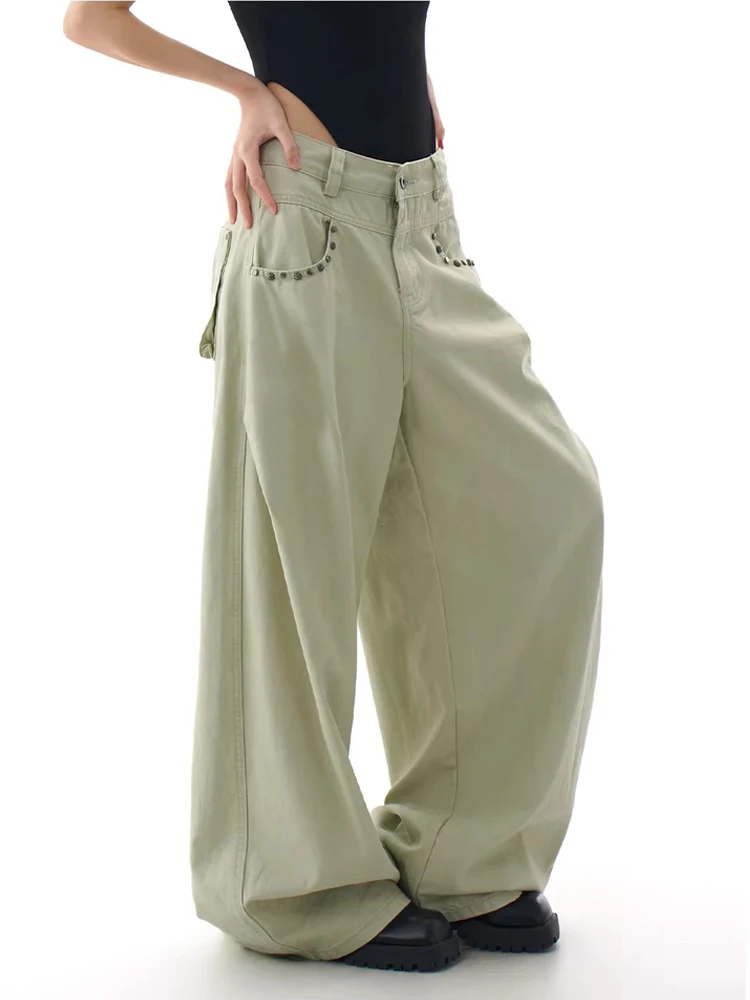 REDDACHiC Studded Pockets Baggy Jeans Khaki Casual Plain High Waist Straight Wide Leg Pants Retro Boyfriend Women Streetwear