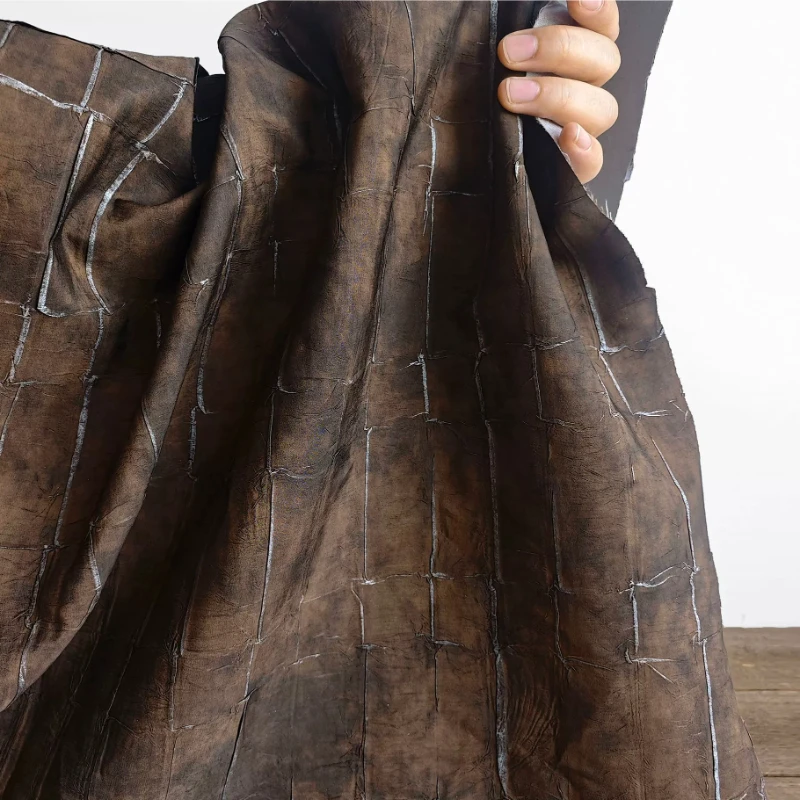 Silver Foil Crinkled Textured Fabric Brown Coffee Vintage Distressed Overdyed Wrinkle Craft for Coat Skirt Designer DIY Sewing