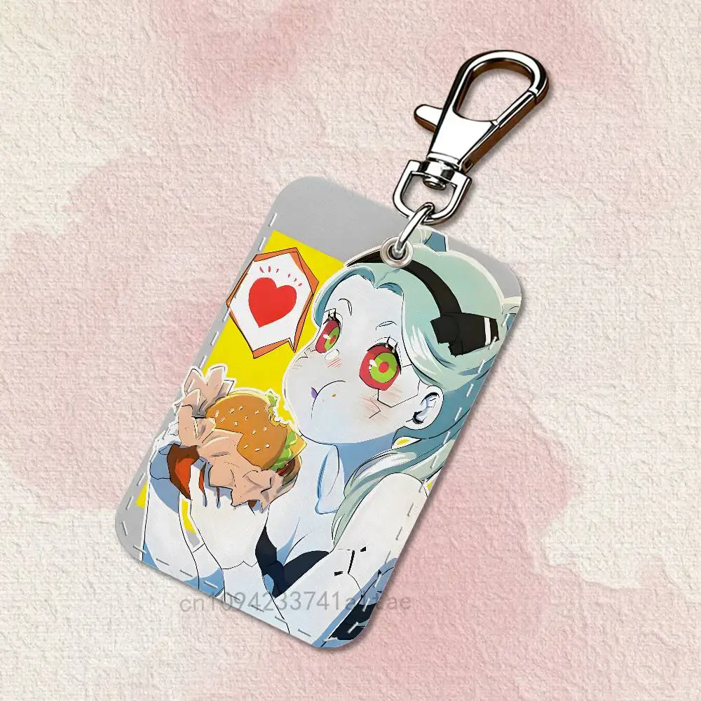 Rebecca C-Cyberpunk E-Edgerunners Rectangle Card Case Leather Card Holder Keychain Key Ring Transportation Card Case