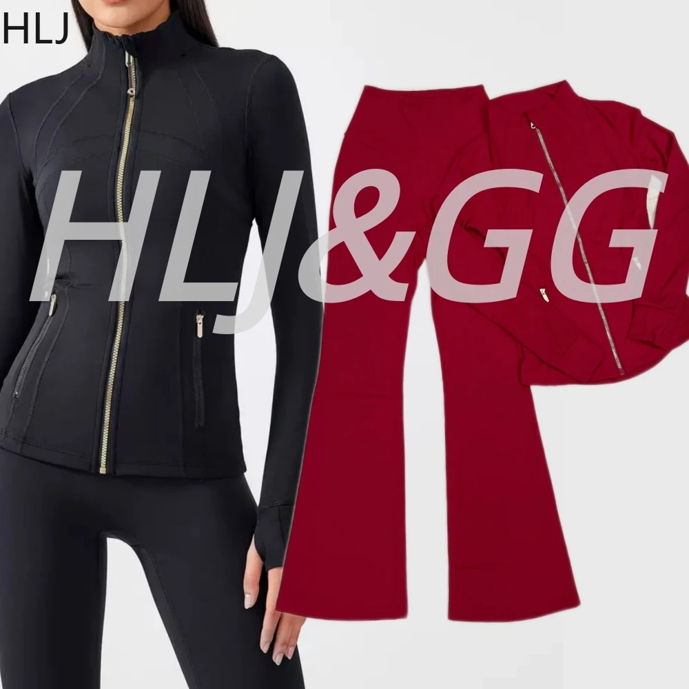 

HLJ High Quality Casual Sporty Flare Pants Two Piece Sets Women Zip Long Sleve Top And Pants Outfits Autumn Stretchy Tracksuits