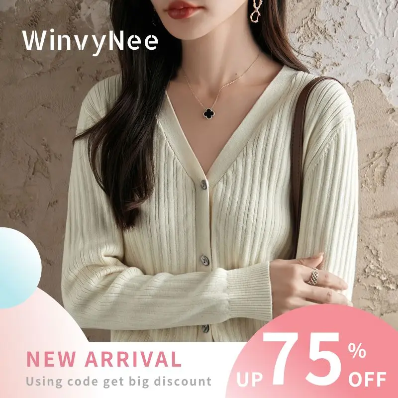 

Женский кардиган WinvyNee из 100% хлопка с глубоким V-образным вырезом, широким рубчатым узором, однотонными полосками, длинными рукавами, элегантный, теплый, дышащий, на каждый день B1092026