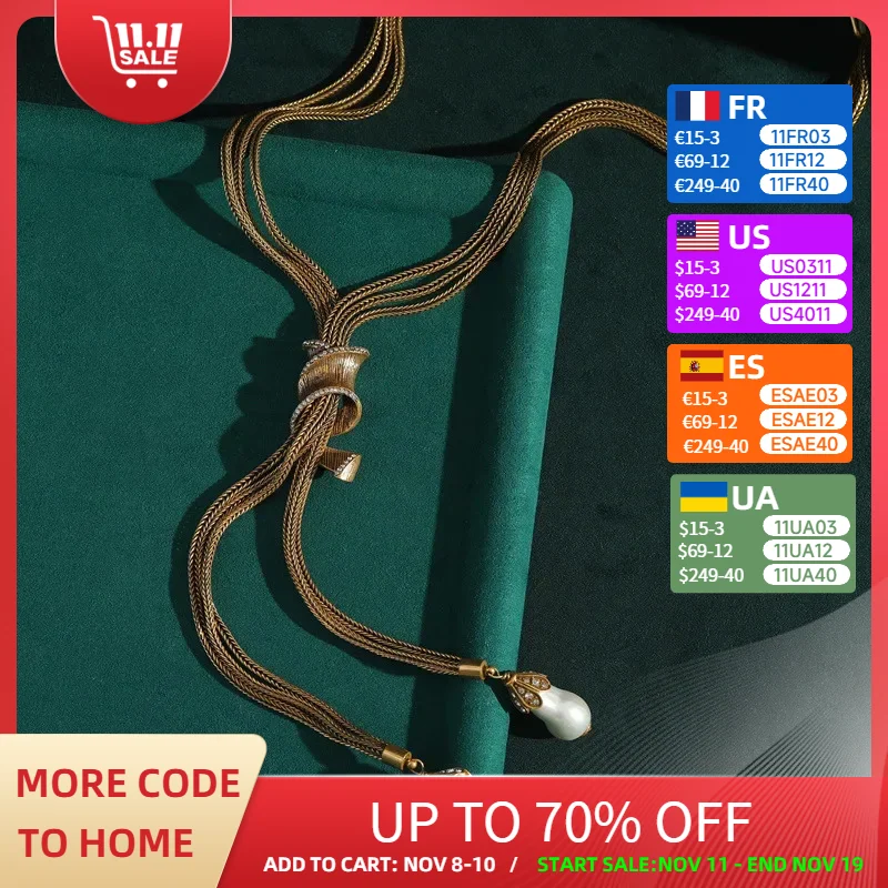 

Vintage Jewelry Chain Necklace Women Gold Color Pearl Pendant Line Tassel Baroque Bohemian Style Classic Elegance New In Gift