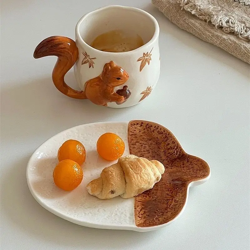 Creative 3D Squirrel Coffee Cup Plate Set,High Beauty Hand Pinched Maple Leaf Ceramic Mug,Photo Decoration,Festival Gift Tea Cup