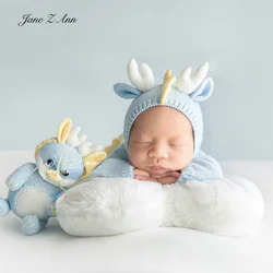 Newborn baby photo props infant dragon year costume blue knitted hat +long sleeve bodysuit doll studo shooting