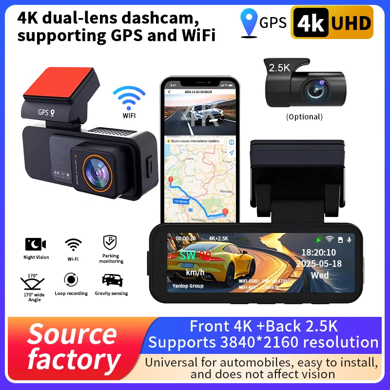 

4K dual-lens dashcam, supporting GPS and WiFi | Night Vision & Parking Mode Car DVR | Front 4K +Back 2.5K 3840*2160 resolution