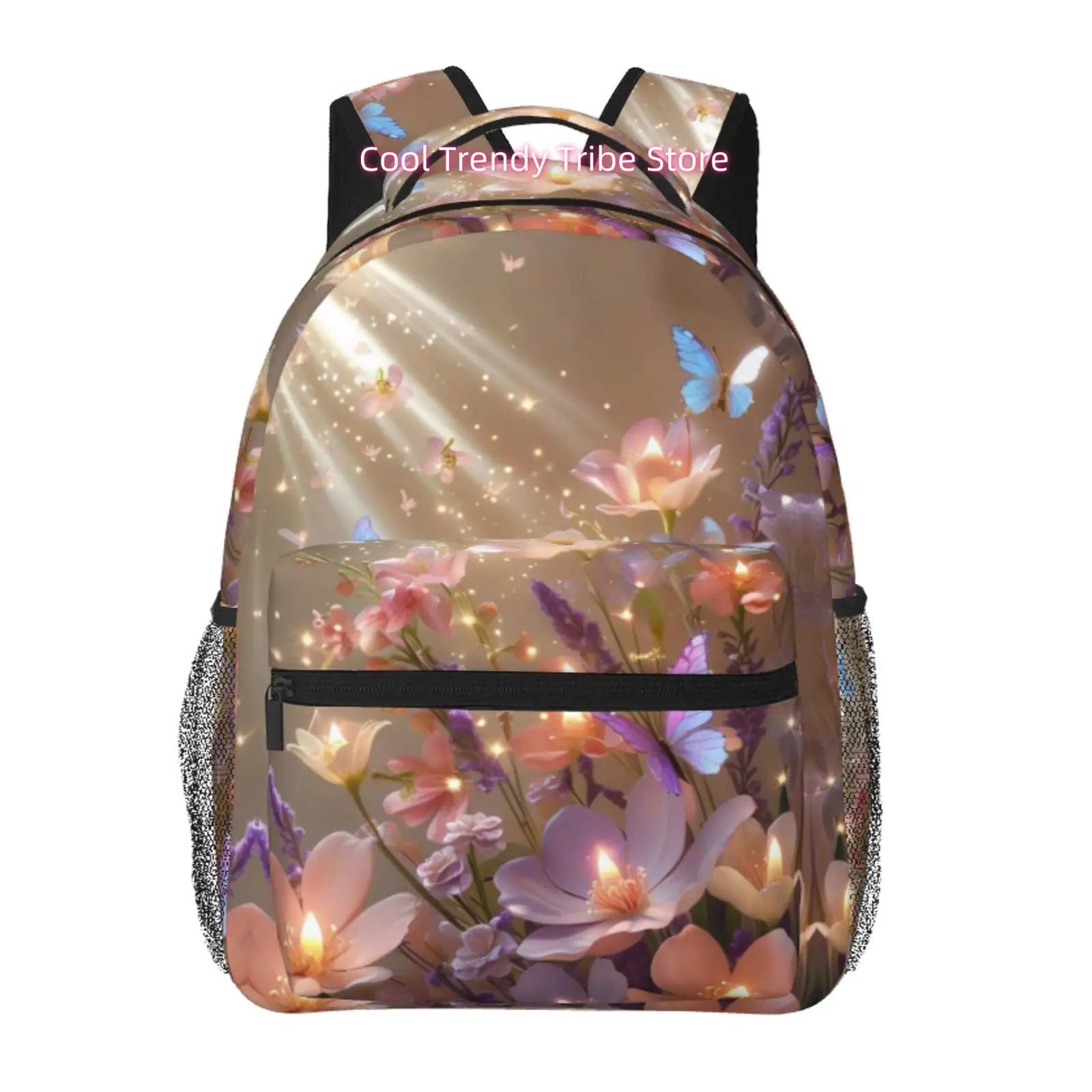 Enchanted Garden with Glowing Flowers and Butterflies Print Backpack, Oxford Cloth Adjustable Strap Casual Daypack, for Work Off