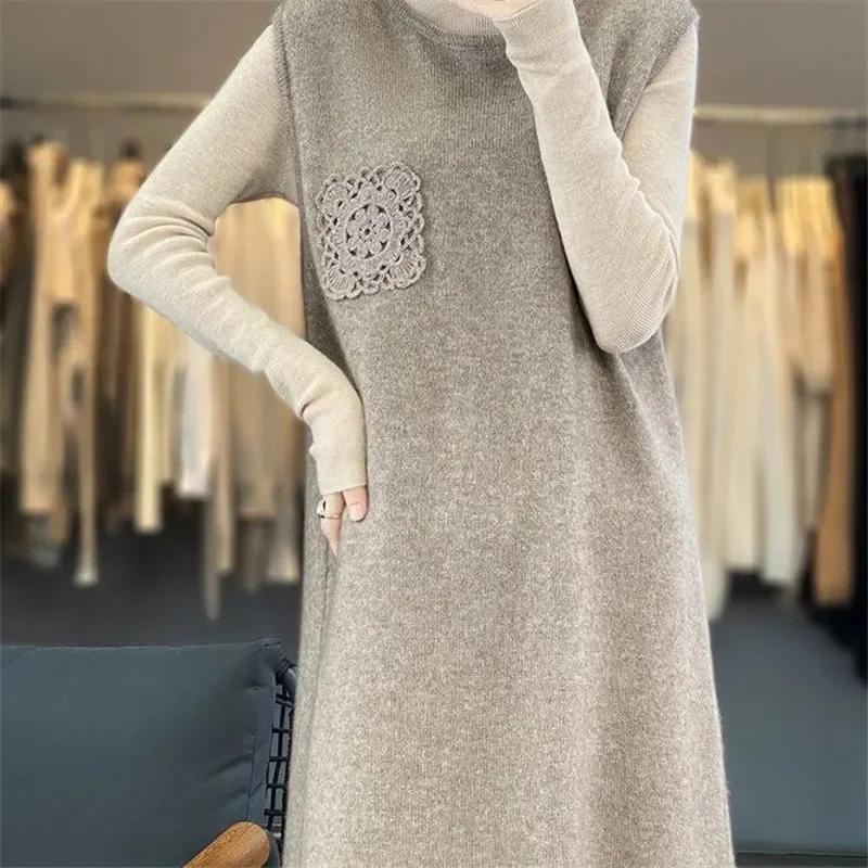 Cashmere Long Vest Dress Autumn Winter Crochet Sleeveless Knit Sweater Dresses Women Solid Loose Causal Woman Clothing