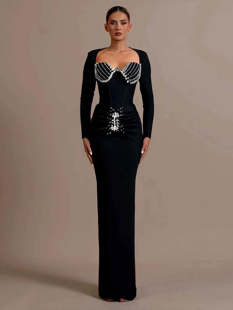 

Shiny Beading Elegant Bandage Dress Black Long Dress For Women Long Sleeves Diamonds Crystal Folds Bodycon Celebrity Party