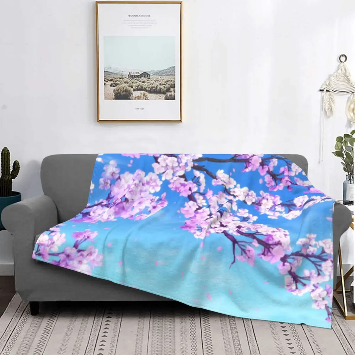 Sakura Blooming Flannel Blanket Cherry Japanese Flower Awesome Throw Blanket for Sofa Bedding Lounge 150*125cm Rug Piece