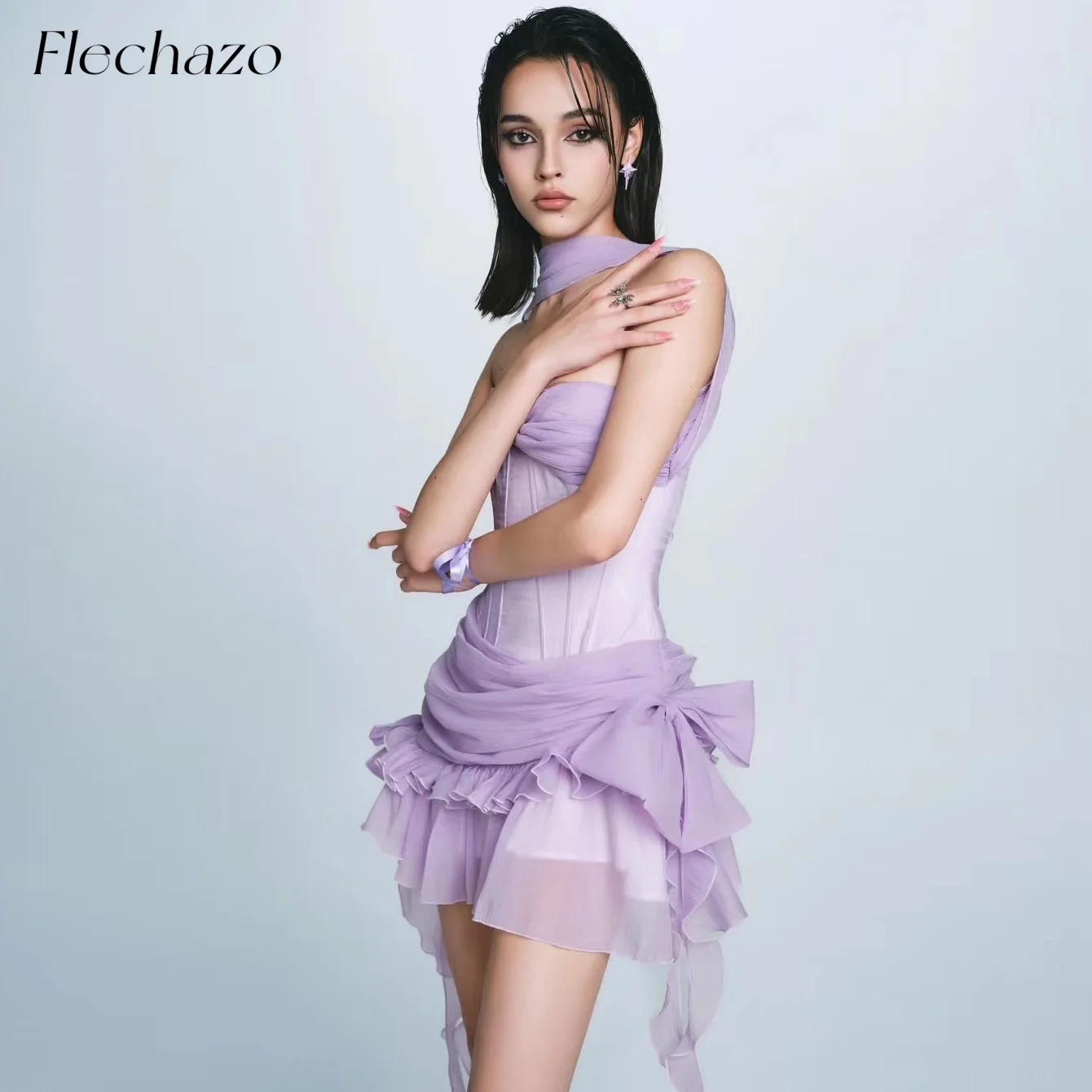 Flechazo Light Purple Short Cocktail Dress Halter Neck Above-Knee Ruffles Beach Party Mini Skirt For Women 2024 robe de soirée