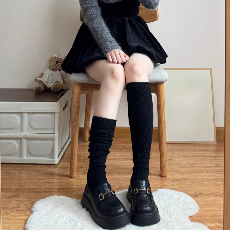 

JK Japanese Style Women Stockings Autumn Winter Retro Thermal Knee Socks Wool Thicken Warm Solid Color Long Socks Stockings Sox