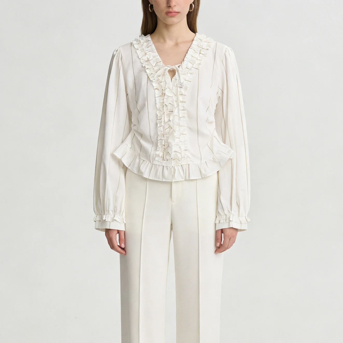 

Женская блузка CiCi с V-образным вырезом, длинными рукавами, полосатым узором, оборками, завязками спереди и пэплумом, повседневная, весна-лето 2026