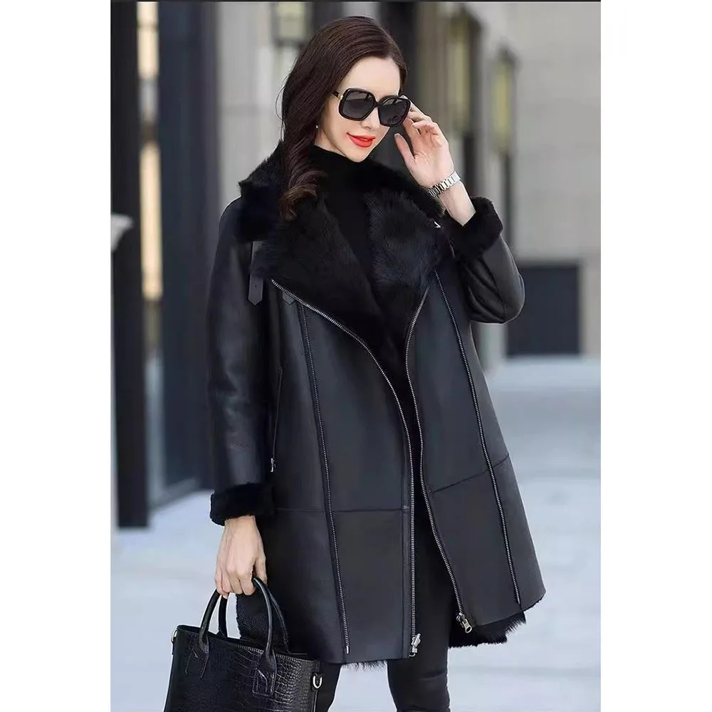 Autumn Winter Black Leather Jacket Women Large Size S-6XL Fashion High End Fur PU Faux Leather Overcoat Warm Long Fur Coats