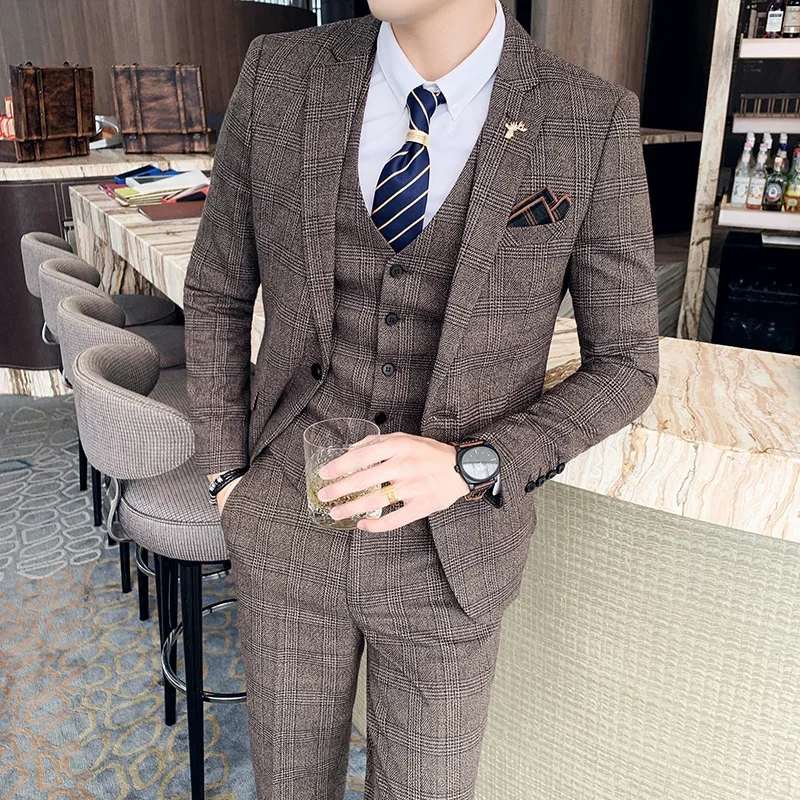 

XS-5XL (Jacket+Vest+Pants) Fashion Boutique Lattice Formal Business Mens Suit 3Pcs Set Groom Wedding Dress Plaid Suit Show Stage