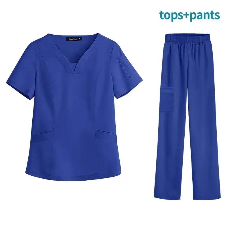 Blaue Krankenhaus uniform weichen elastischen Stoff Klinik Arbeits kleidung Betrieb Roomtop Hosen chirurgische Kleidung medizinische Peeling Set Jogger Anzug