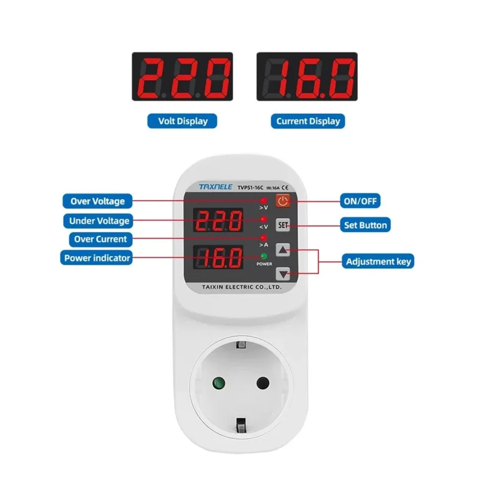 

EU/Universal Plug Protector Socket ​AC90-300V Over/Voltage Current Under Voltage 16A Surge Protector Adjustable Socket Protector