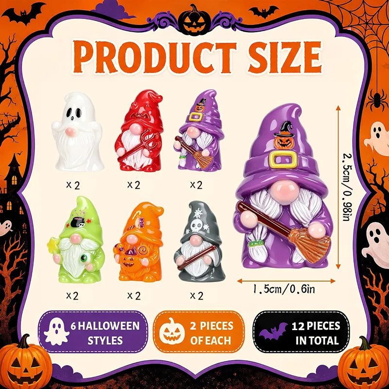 12Pcs Halloween Mini Resin Gnomes Figurines 6 Styles Tiny Dwarf Miniature Ornaments, Halloween Table Decor DIY Crafts Party