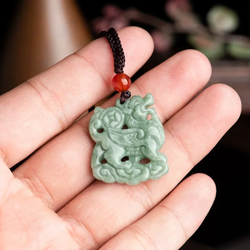 

Burmese Jade Qilin Pendant Natural Green Jewelry Luxury Chinese Stone Charms Jadeite Men Necklace Emerald Pendants Accessories