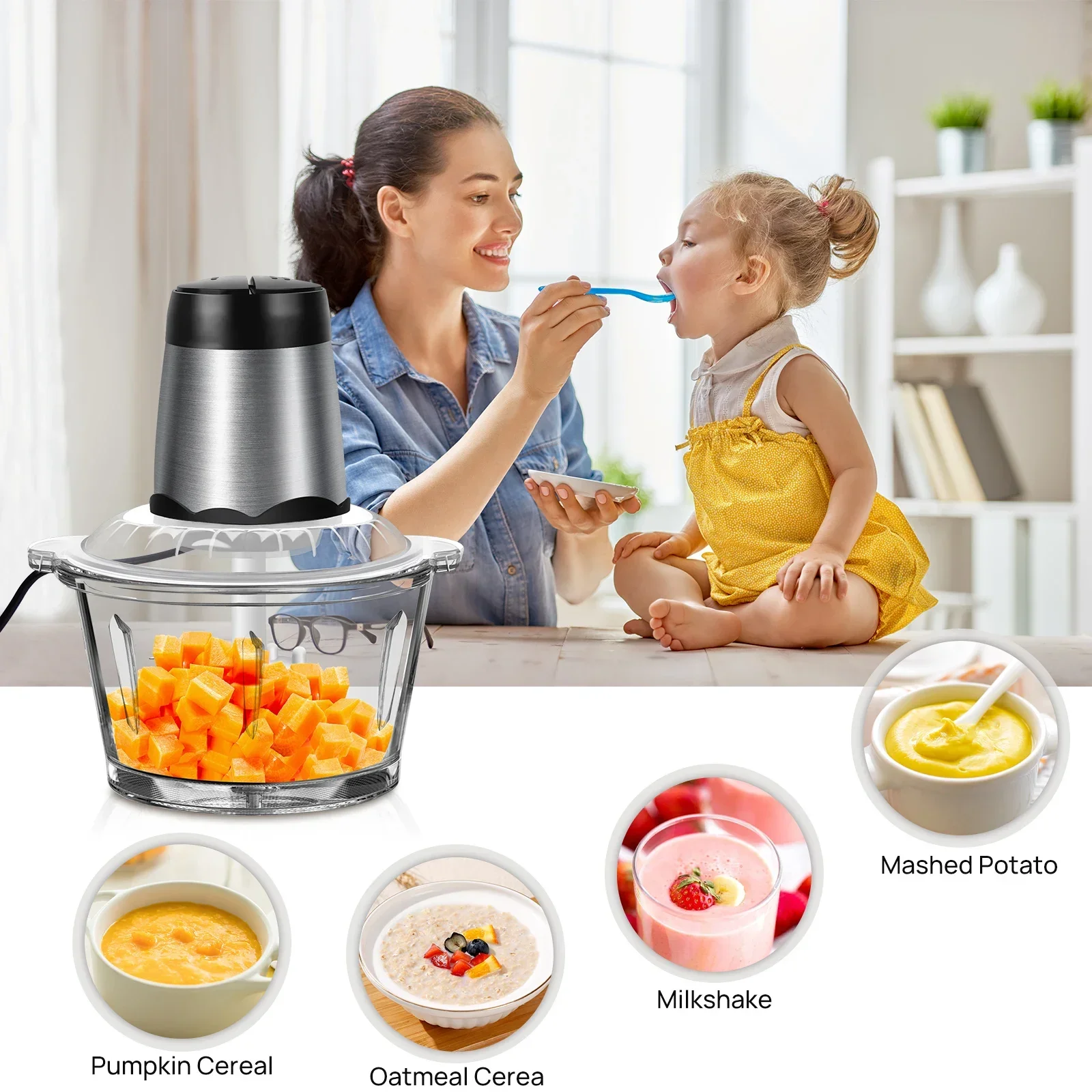 2L Electric Meat Grinder Food Chopper stainless-steel blades  Small Food Processor Removable Dicer 2 Speeds Meat Mincer
