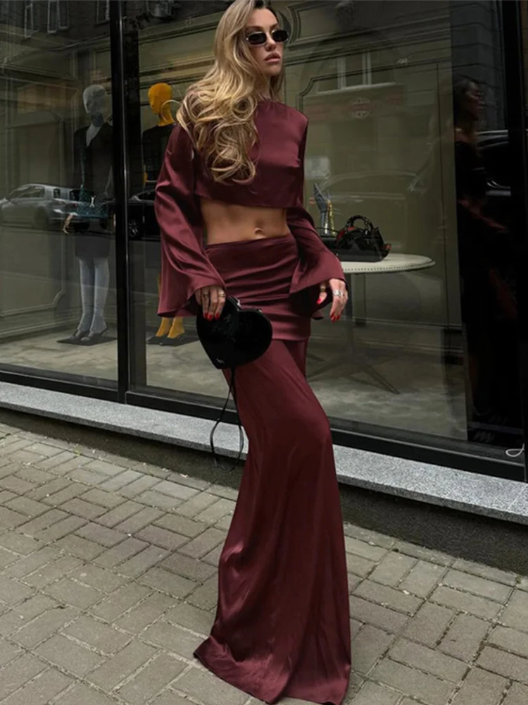 Satin Crop Top Long Skirts 2 Piece Set Women Elegant Long Sleeve Tops Suit With Mid Waist Skirt Lady 2025 Party Evening Outfits