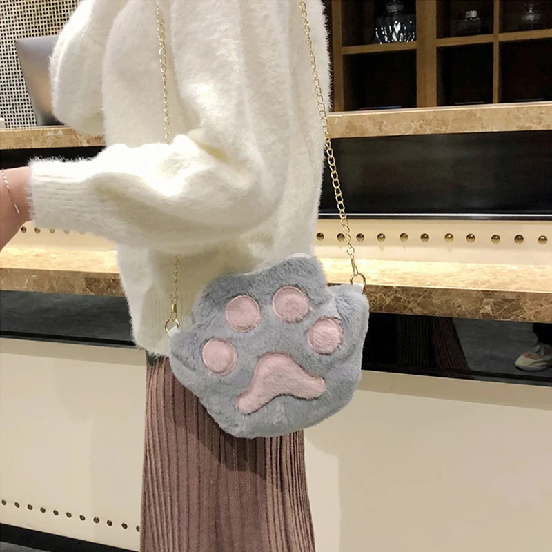 Cute Bear Paw Girls Chain Zipper Shoulder Bag Lovely Children's Soft Plush Coin Purse Baby Boys Accessories Small Crossbody Bags