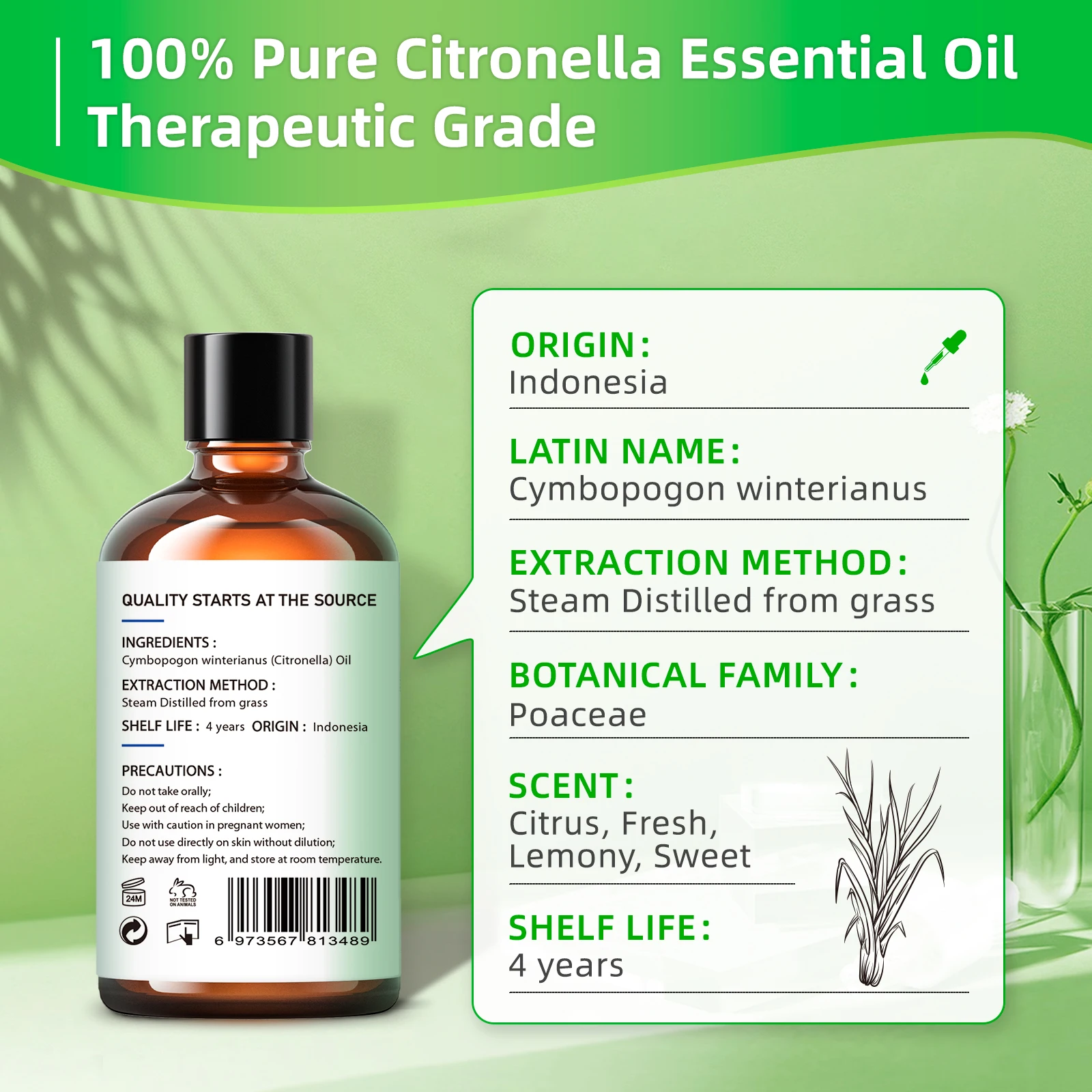 HIQILI 100ML Citronella Essential Oils,100% Pure Nature for Aromatherapy, Diffuser, Humidifier, Massage, Mosquito Repellent