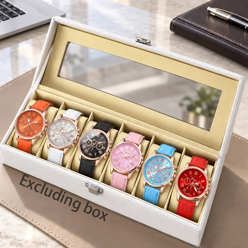 Women 6/1Pcs Quartz Watch Set Roman Dial Leather Strap Multi Color Ladies Dress Wristwatch Relojes Mujer Excluding Box