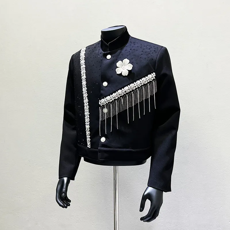 Men's Chinese Stand Collar Jacket with Chains and Fringe for Banquets, Performances and Dressy Occasions