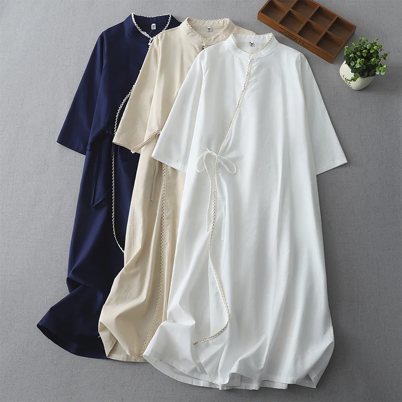 

Retro Style Cotton Linen Lace Long Dress Knee-Length Slimming Artistic Style Improved Version Qipao Spring Summer Women's Dress