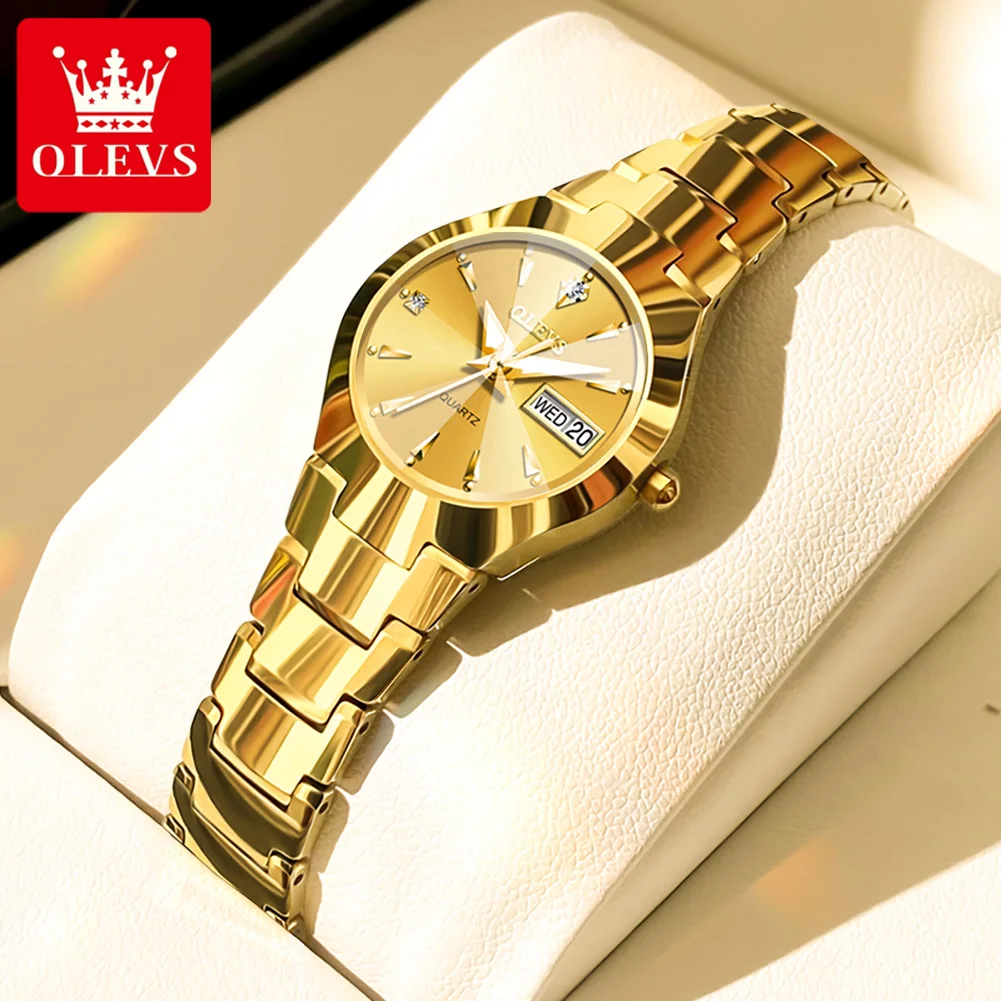 OLEVS 2023 New Fashion Tungsten Steel Gold Women Watches Luminous Hands Waterproof Quartz Watch with Week Calendar Women Watch