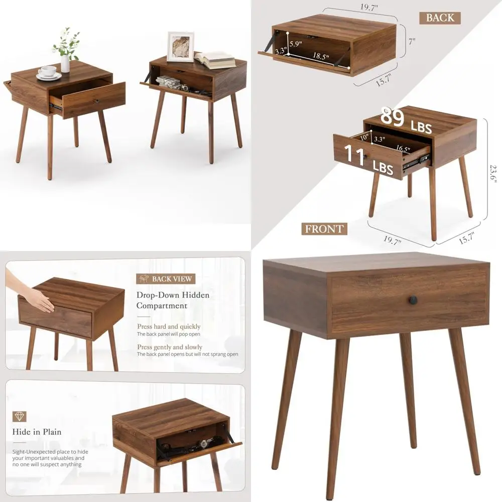 mid-century walnut nightstands with concealed storage, set of 2, for discreet bed side use