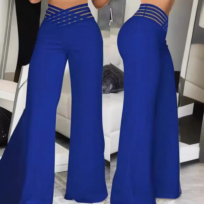 European and American Women Hollow-out Elastic Waist Pants, Temperament Commuter Bell-bottoms, High Waist Casual Wide-leg Pants