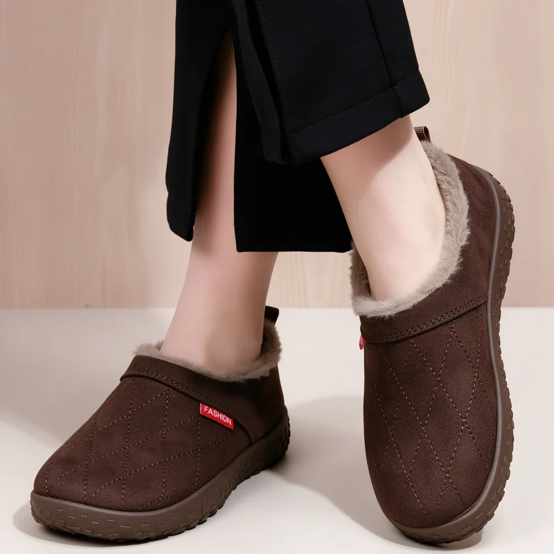 Winter Women Rhombus Pattern Warm Snow Shoes Slip‑on Plush Fur Lining Flat Non‑Slip Casual Walking Loafers