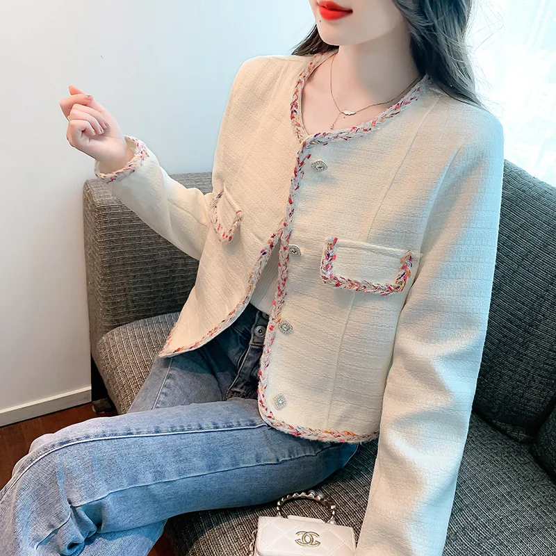 

Autumn Temperament Woven Binding Loose Unique Single breasted Long Sleeve Woolen Short Coat Women Feminina Abrigo Mujer