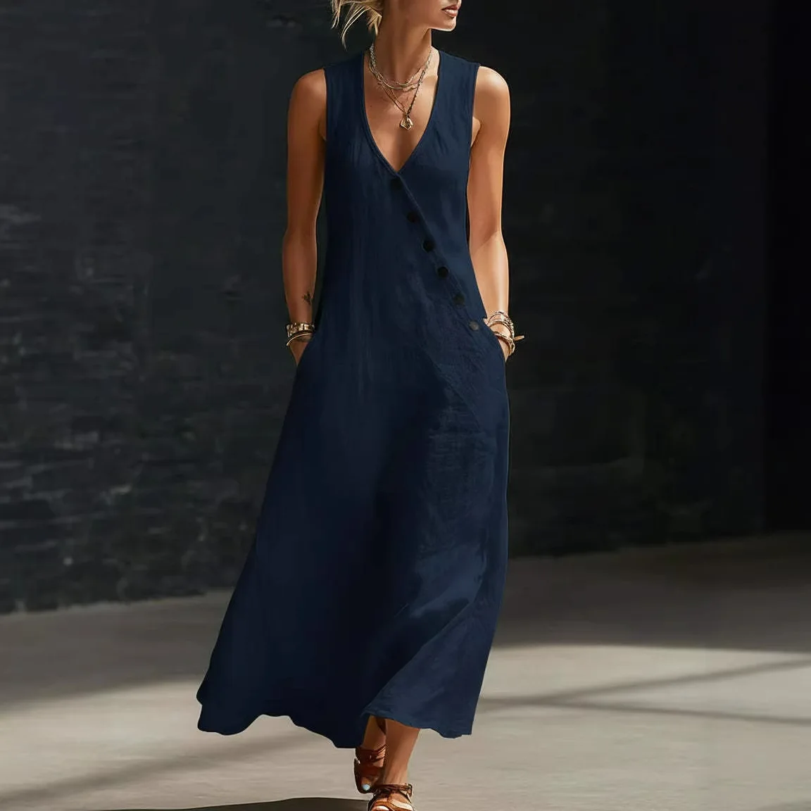 2026 Sommer Damen Baumwoll-Leinen A-Linien-Maxikleid mit V-Ausschnitt, ärmellos, asymmetrisch, Knopfleiste, Westenkleid, locker geschnitten, lässig, für den Urlaub am Strand – Detail 15