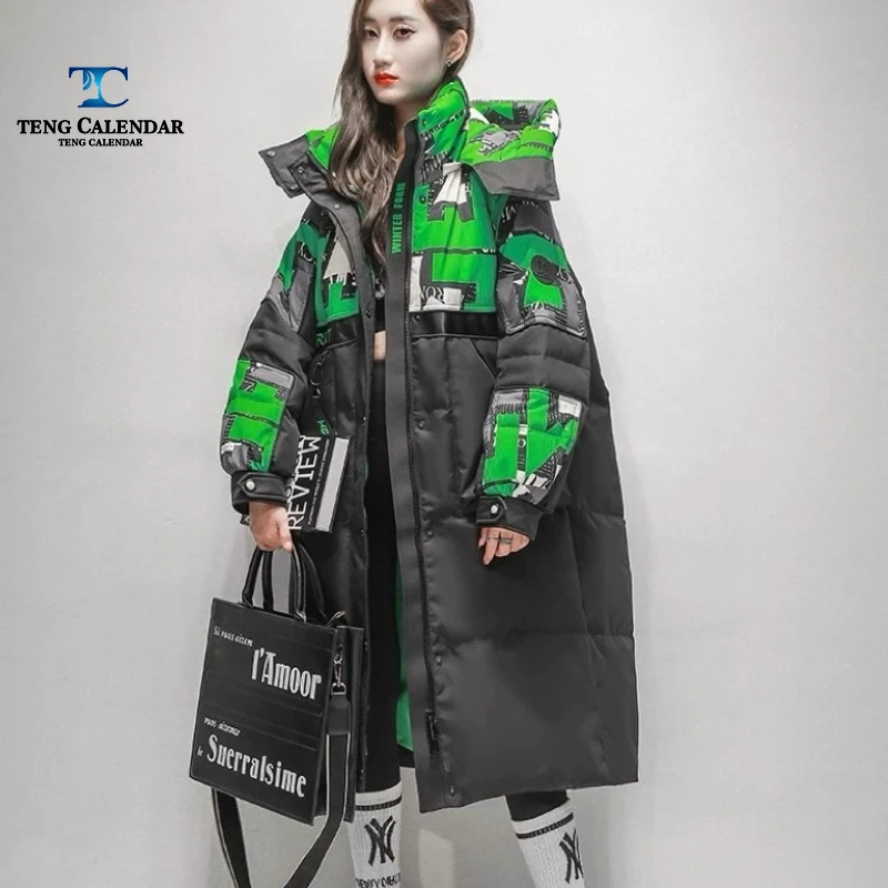 Farbblockierte Winter-Daunenjacke, mittlere bis lange, knielange, lockere und dicke Schlankheitsjacke, neues Modell für Damen 2025,