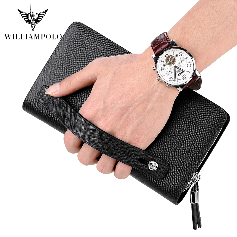 Hand bag male real cowhide handbag clip business simple zipper hand bag male hand grab bag long purse man WILLIAMPOLO