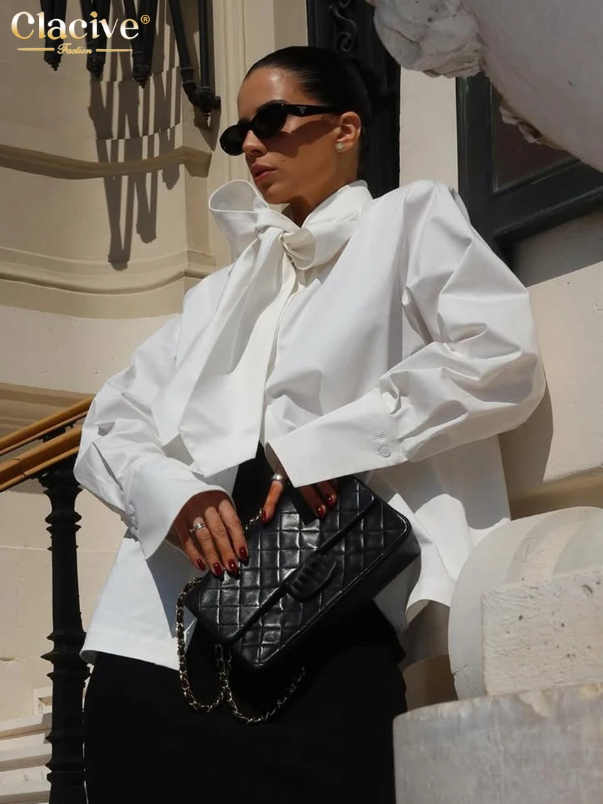 Clacive Fashion Loose White Cotton Women Blouse Autumn Bow Collar Long Sleeve Shirt Elegant Classic Solid Top Female Clothing