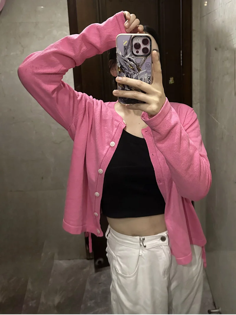 

Женский вязаный свитер с укороченными топами на пуговицах, Кардиган с длинным рукавом, розовые корейские свитера, свитер бренди Y2K