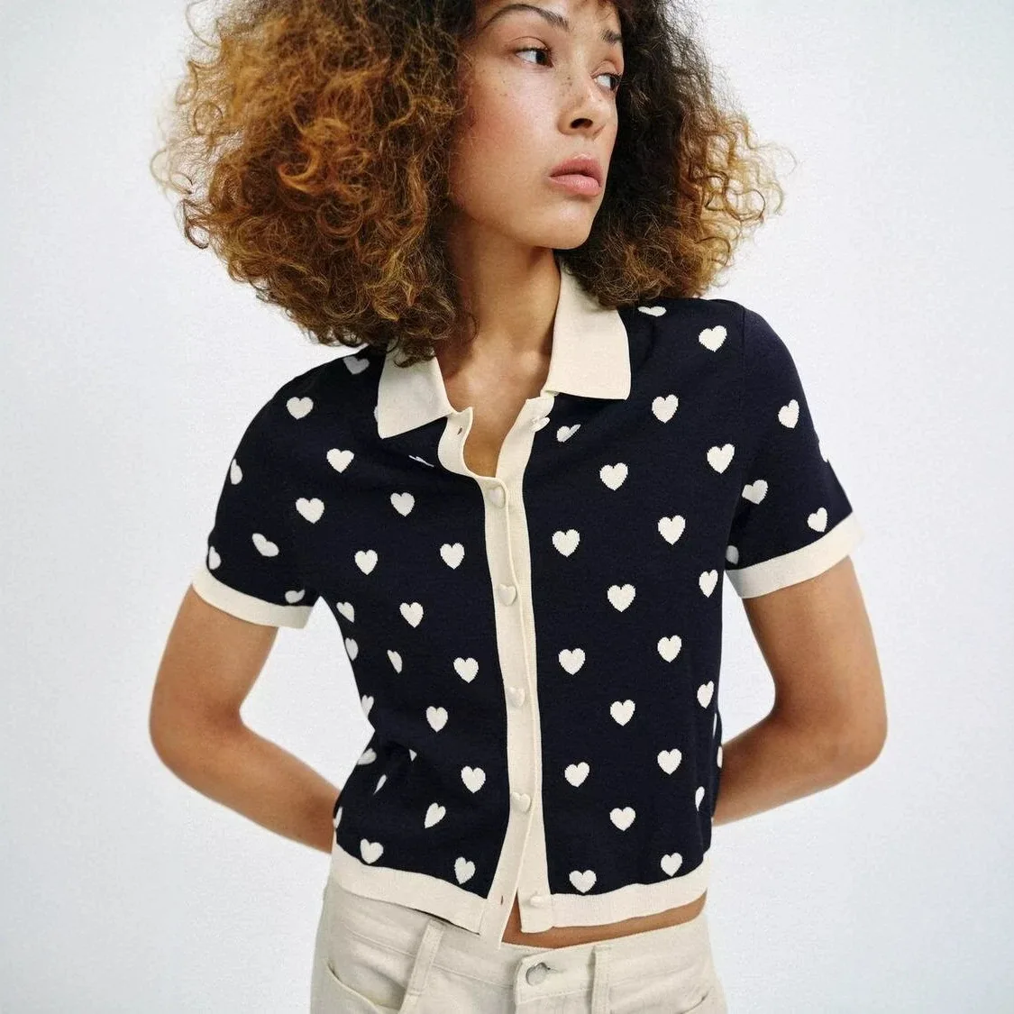 European and American style summer new women's clothing style simple short sleeved contrasting heart-shaped jacquard polo shirt