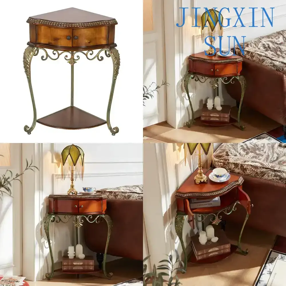 American Retro Solid Wood Triangular Edge French Rural Corner Flower Stand for Living Room Sofa Coffee Table Geometric