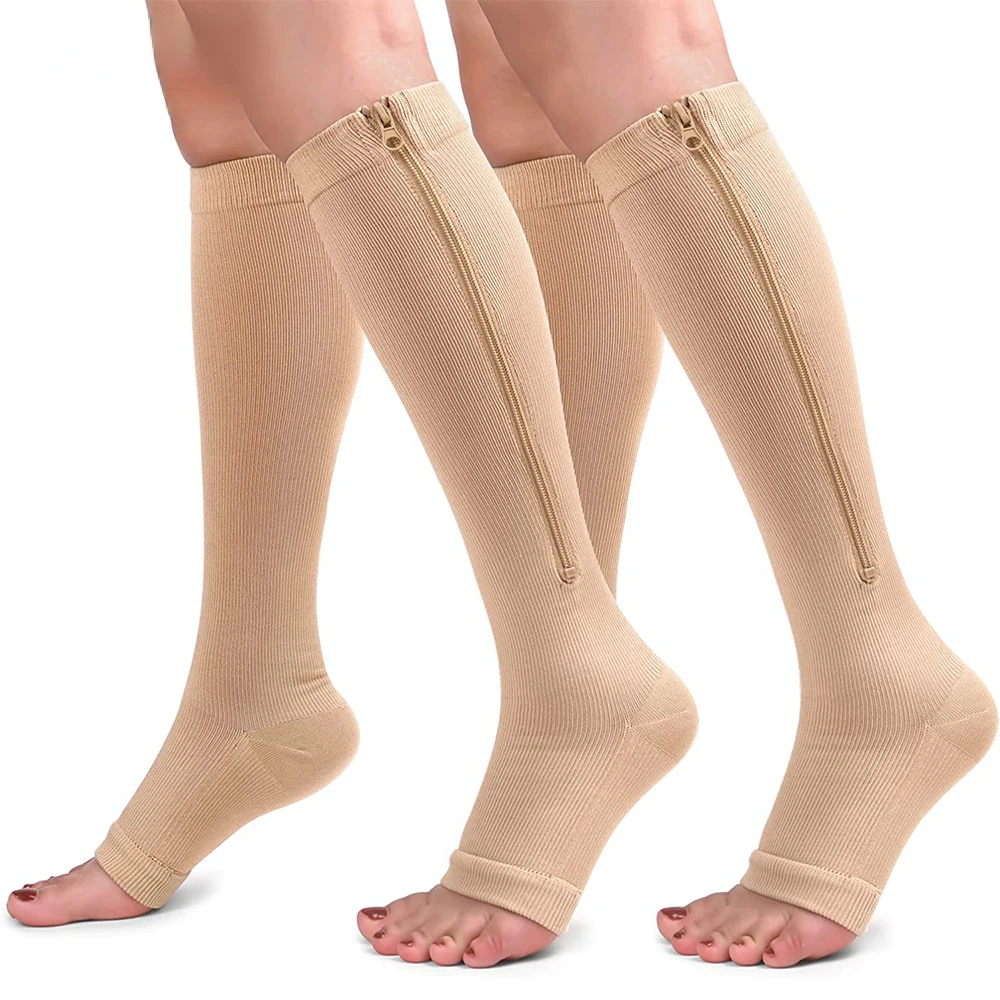 2Pairs Zipper Calf Compression Length Stocking for Women Slim Sleeping Beauty Leg Calf Prevent Varicose Veins, Sports Runing