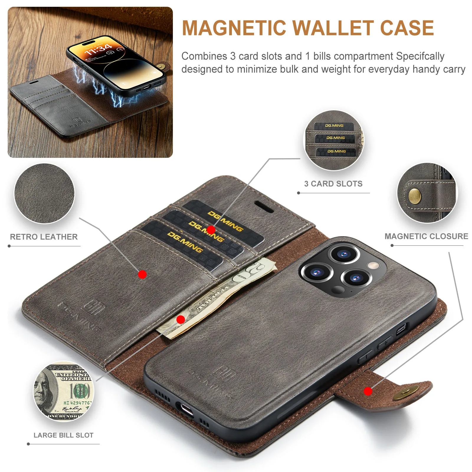 New Style For iPhone 11 12 13 14 15 16 Pro Max Plus Mini Luxury 2-Folding Wallet Case Detachable Leather Magnetic Flip Cover Cas