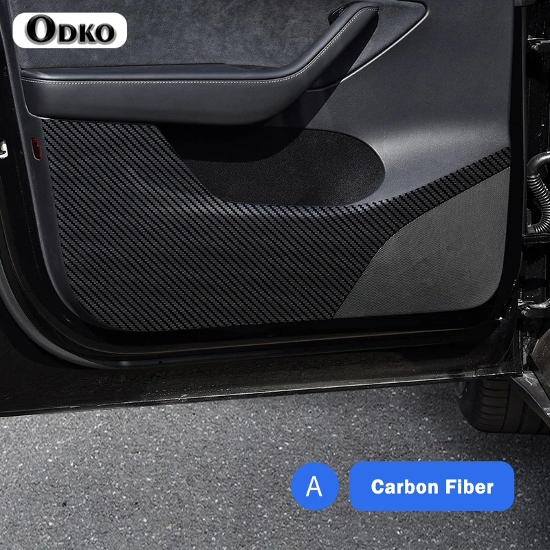 4Pcs Carbon Fiber Leather Car Door Anti Kick Protection Pad Panel For Tesla Model Y 2017-2023 Suede Auto Doors Anti-Dirty Trim